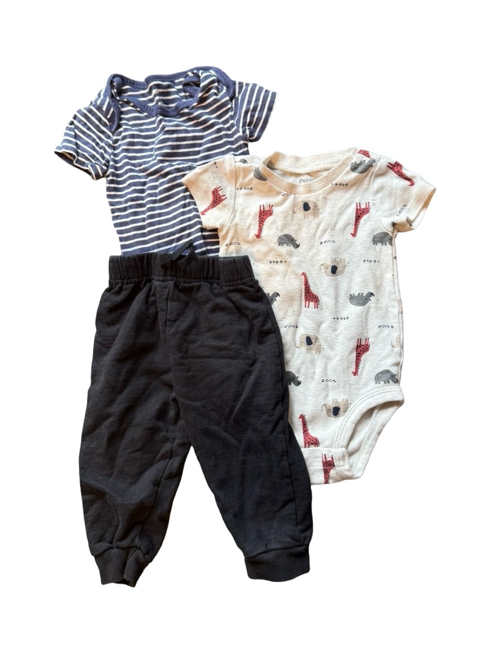 Mixed Lot: Black Joggers, Striped & Giraffe Bodysuit 12M